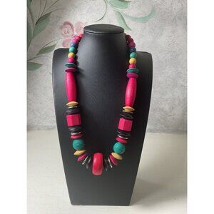 Vintage Multicolor Wooden Bead Necklace With Spring Ring Clasp